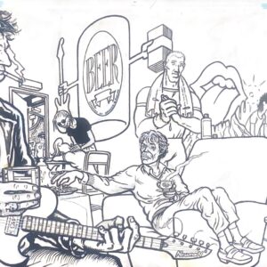 Peter Pontiac, originele tekening met Indische Inkt uit Oor 1990: Rolling Stones backstage at Pontiac Silver Dome Detroit