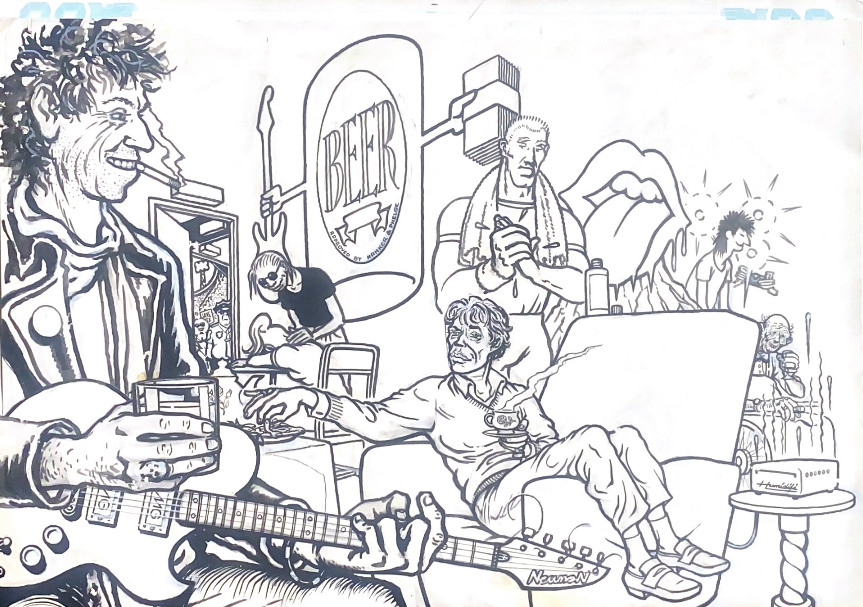 Peter Pontiac, originele tekening met Indische Inkt uit Oor 1990: Rolling Stones backstage at Pontiac Silver Dome Detroit