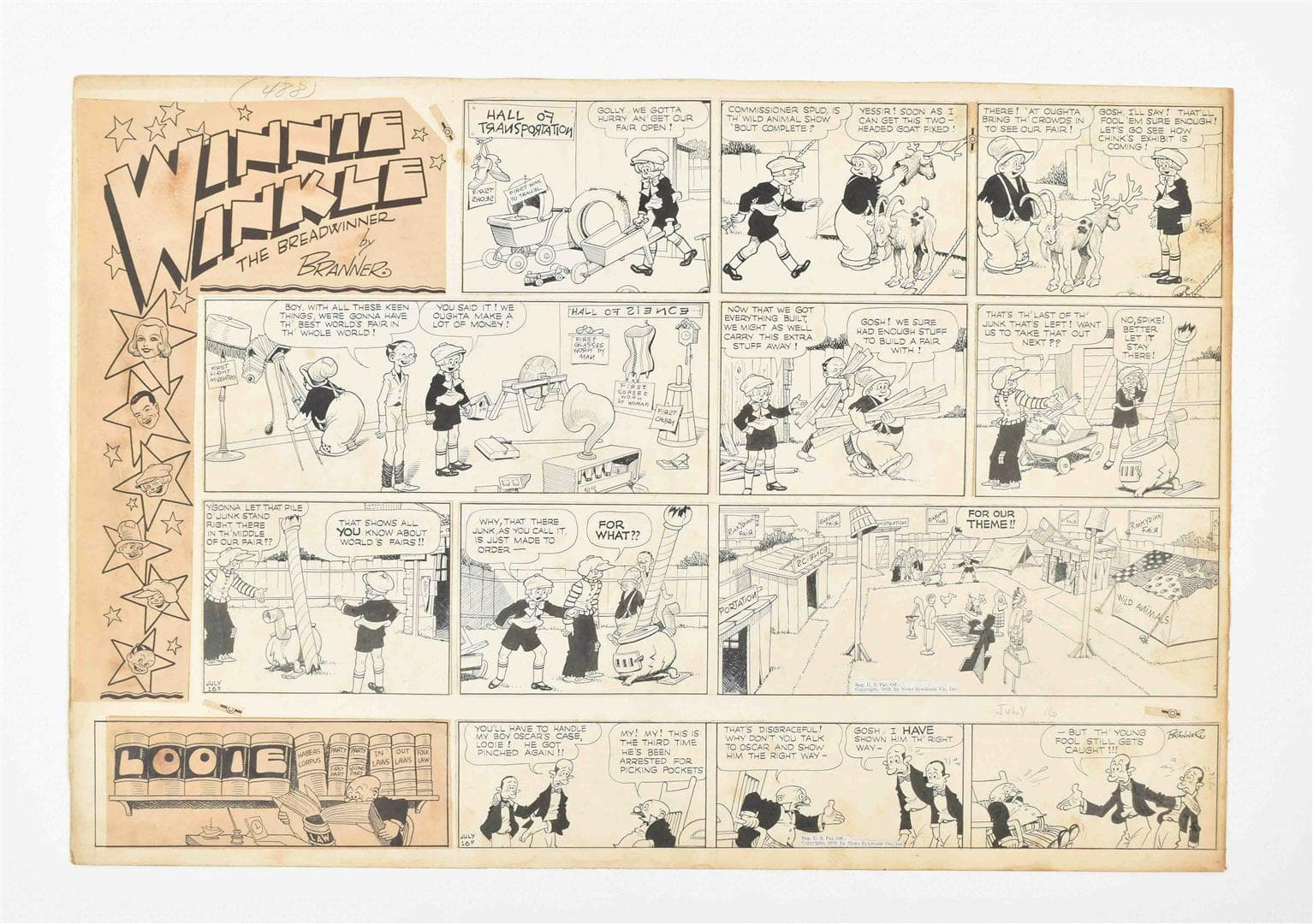 Branner, Martin (1888-1970). Winnie Winkle the Breadwinner Oost-Indische inkt op papier, 14 panelen op karton.