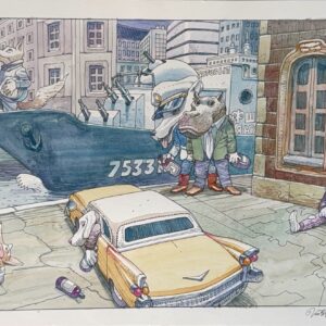 Victor Meijer, originele tekening  "dieren met verlof" uit 2024 oost Indische inkt/ gemixte techniek ca 40x30cm