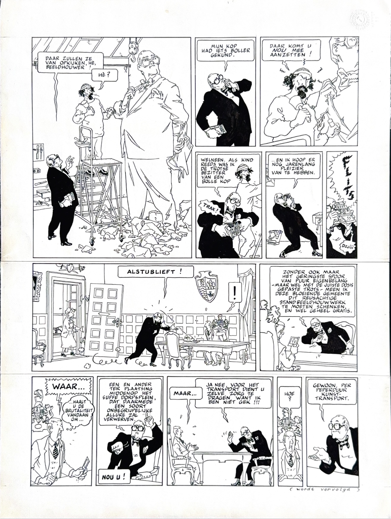 Theo van den Boogaard, Sjef van Oekel "de verbeelding aan de macht"  Theo van den Boogaard, Sjef van Oekel "de verbeelding aan de macht" originele pagina uit het album  "Sjef van Oekel zoekt het hogerop". Indische inkt, pagina's is ca 48x36.5cm originele tekeningen (original comic art)   